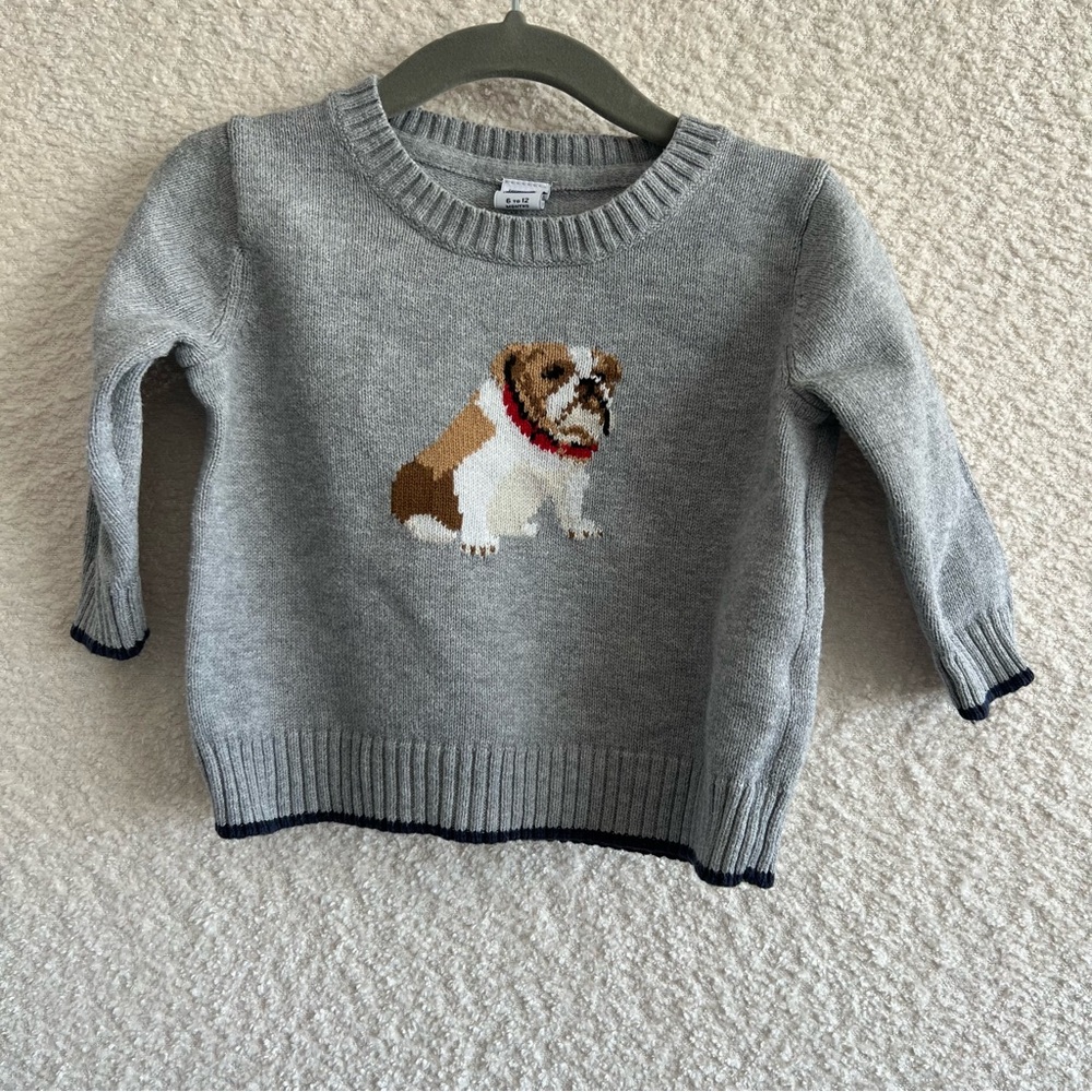 Janie And Jack Infant Baby Dog Bulldog Gray Sweater‎ Size 6-12 Months